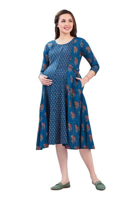 Blue Patterned Maternity Feeding Dress