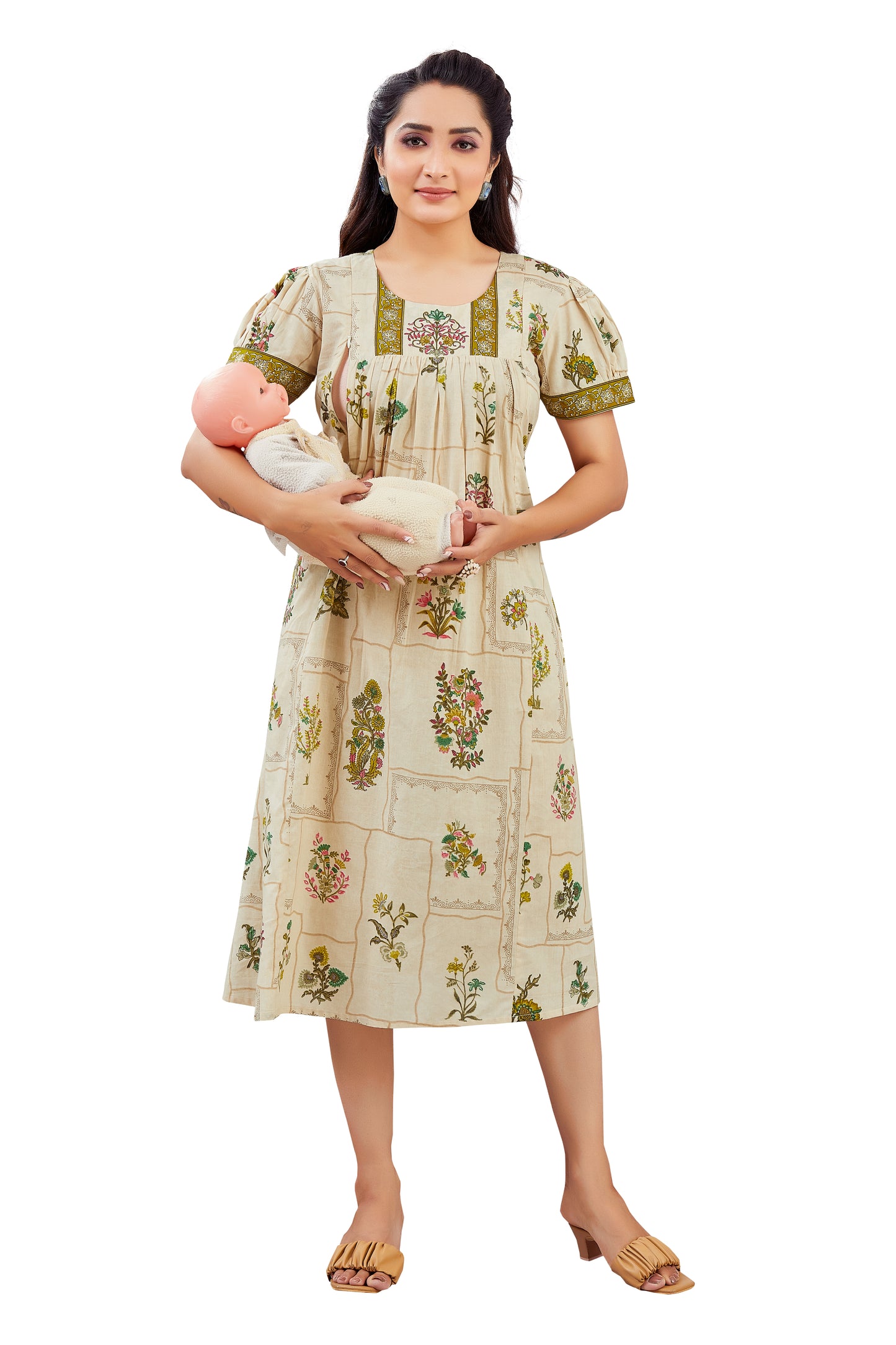 Floral Green & Beige Feeding Dress