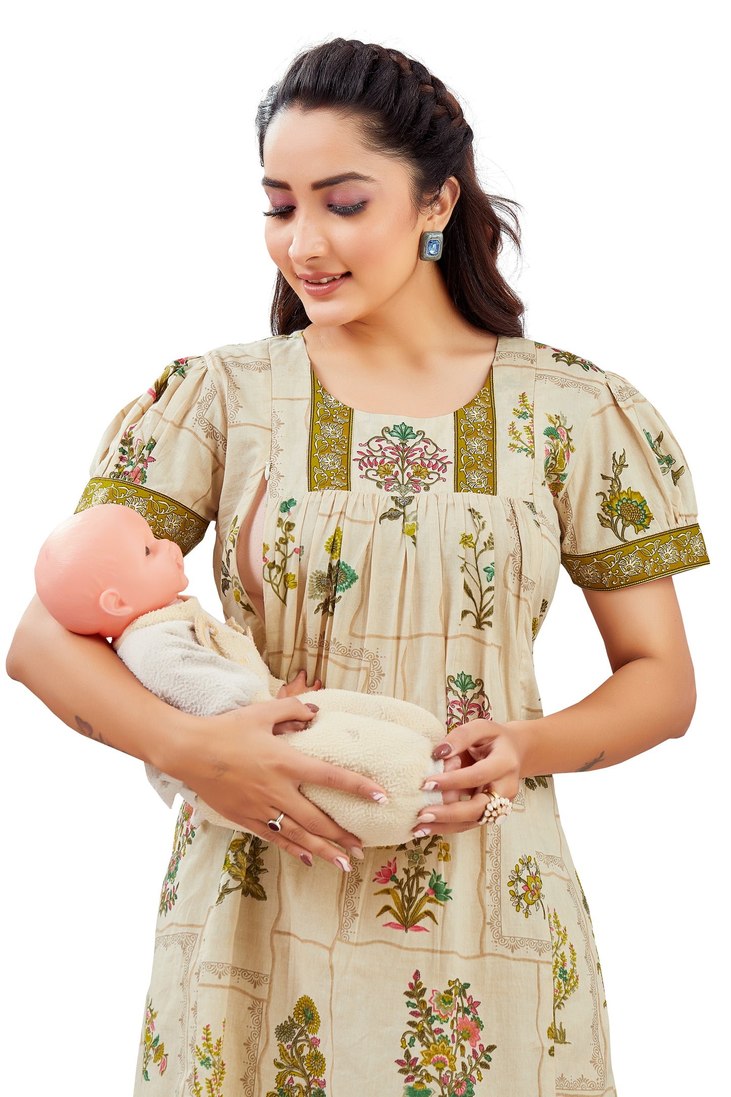 Floral Green & Beige Feeding Dress